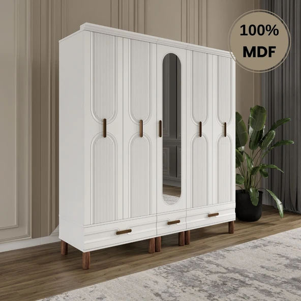 Zen 5 kapak MDF ayaklı tasarım aynalı country gardırop ürün görseli 1