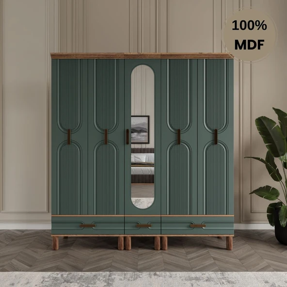 Zen 5 kapak MDF ayaklı tasarım aynalı country gardırop ürün görseli 1