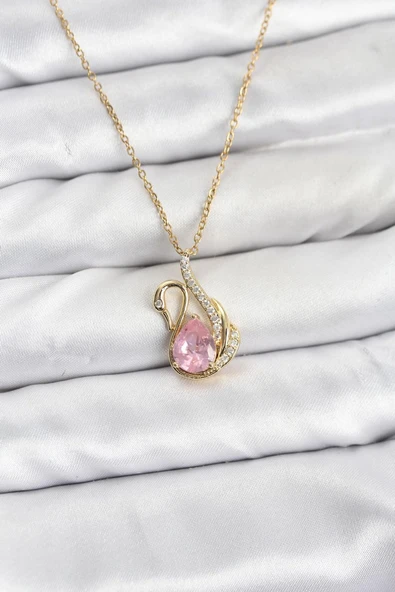 316L Çelik Zincir Gold Renk Pembe Kuğu Model Zirkon Taşlı Kadın Kolye - TJ-BKO10867 ürün görseli 1