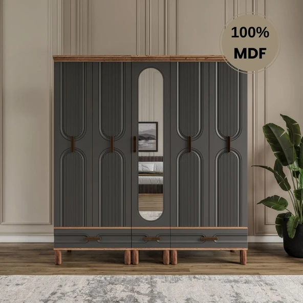 Zen 5 kapak MDF ayaklı tasarım aynalı country gardırop ürün görseli 1