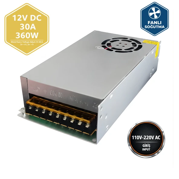 Peace B2883 12V 30A Fanlı Kalın Metal Kasa Adaptör | 360W DC Trafo ürün görseli 1