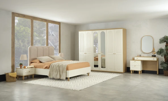 Dienni Bohem Modern Yatak Odası Takımı - 6 Kapaklı Gardırop, Şifonyer & Ayna, 2 Komodin ve 160x200 Karyola + Başlık Seti ürün görseli 1