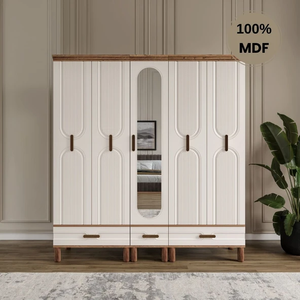 Zen 5 kapak MDF ayaklı tasarım aynalı country gardırop ürün görseli 1