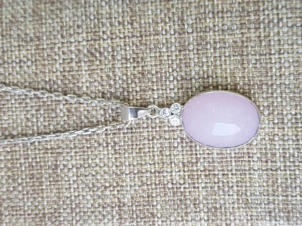 Pembe Kuvars Taşlı El İşi Gümüş Kolye - Resim 3