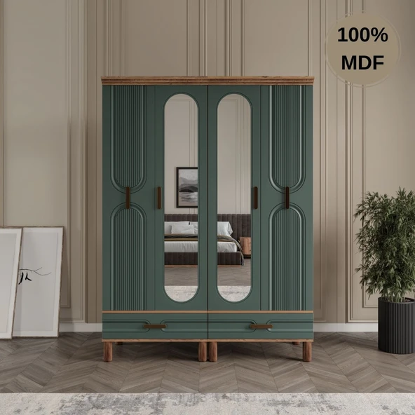 Zen 4 kapak MDF ayaklı tasarım aynalı country gardırop ürün görseli 1