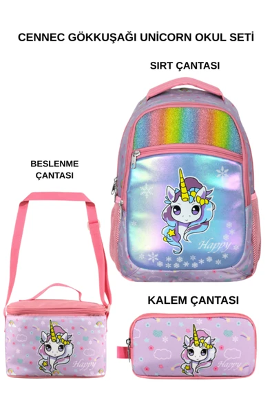 Cennec Gökkuşağı Unicorn 3’lü Okul Seti – Sırt Çantası, Beslenme Çantası ve Kalem Kutusu ürün görseli 1