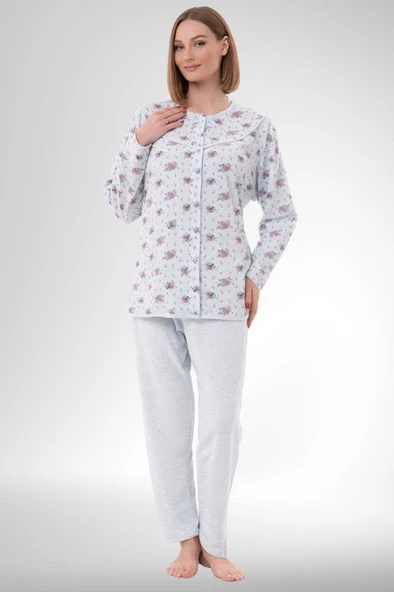 Mecit 6315 Mavi Kadın Boydan Düğmeli Büyük Beden Pijama Takımı ürün görseli 1