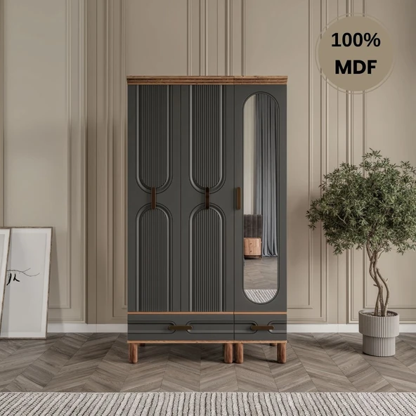 Zen 3 kapak MDF ayaklı tasarım aynalı country gardırop ürün görseli 1