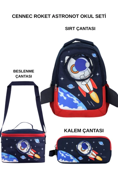 Cennec Roket Astronot 3’lü Set – Sırt Çantası, Beslenme Çantası ve Kalem Kutusu ürün görseli 1