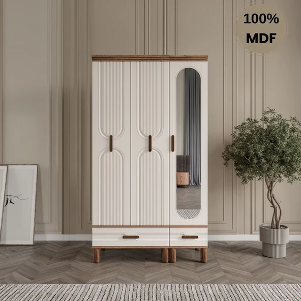 Zen 3 kapak MDF ayaklı tasarım aynalı country gardırop ürün görseli 1