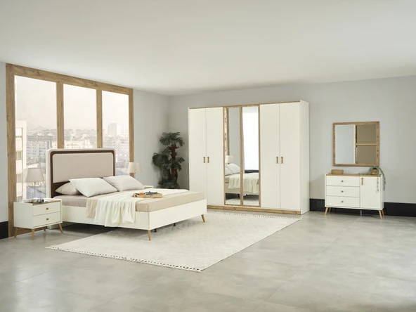 Dienni Terra Modern Yatak Odası Takımı - 6 Kapaklı Gardırop, Şifonyer, 2 Komodin ve 160x200 Karyola + Başlık Seti (Yatak Hariç) ürün görseli 1