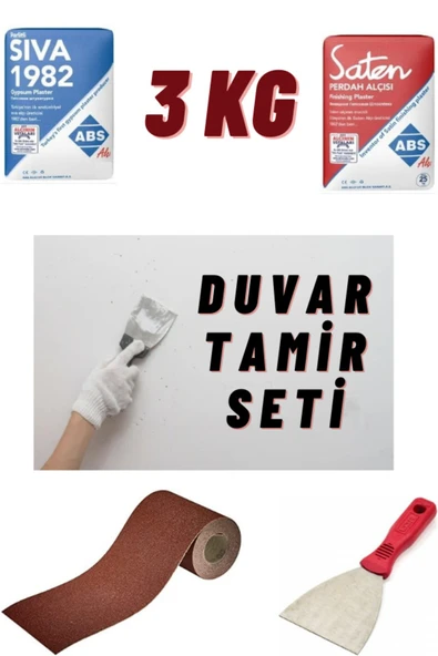 ARDENT HOME 3 Kg Duvar Tamir Alçı Sıva Seti (2 Kg Sıva Alçı - 1 Kg Saten Alçı - Zımpara - Spatula) ürün görseli 1