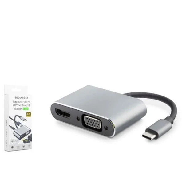 HADRON HDX7839 TYPE-C TO HUB HDTV 4K 30HZ + TYPE-C + USB + VGA 4IN1 GRİ ürün görseli 1