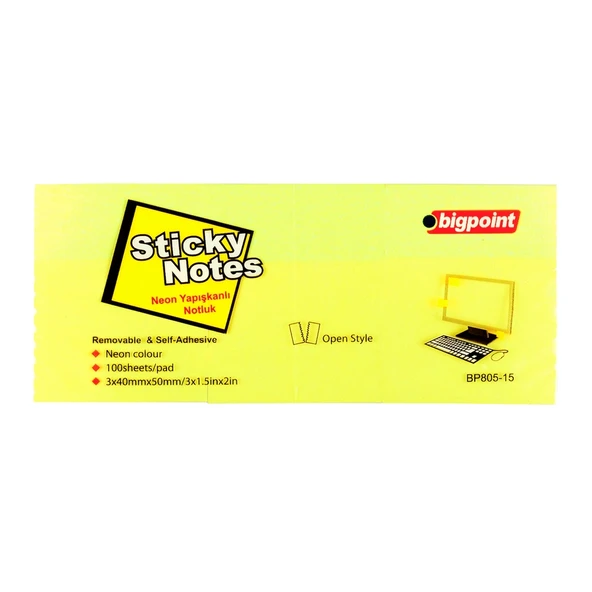 Bigpoint Yapışkanlı Not Kağıdı 3'lü 40x50mm Neon Sarı x 4 Paket ürün görseli 1