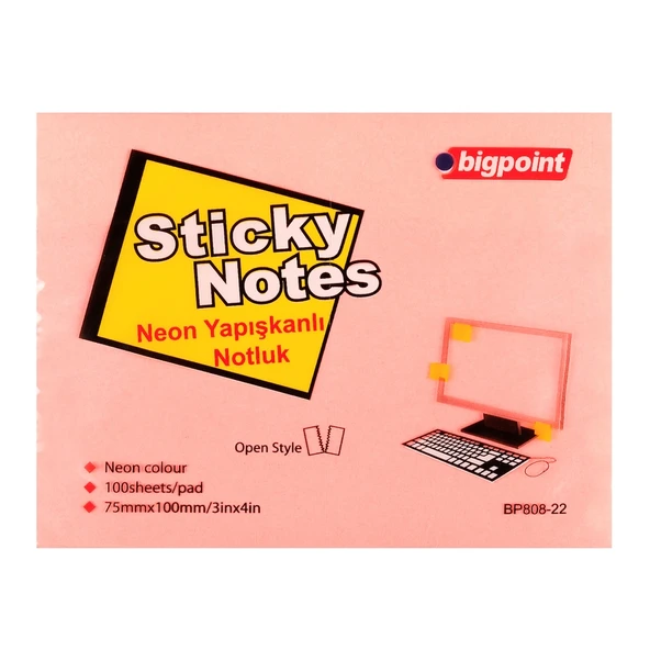Bigpoint Yapışkanlı Not Kağıdı 75x100mm Neon Pembe x 12 Adet ürün görseli 1