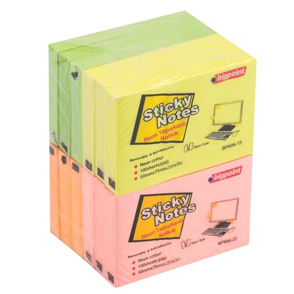 Bigpoint Yapışkanlı Not Kağıdı 75x50mm Neon 4 Renk x 12 Adet ürün görseli 1