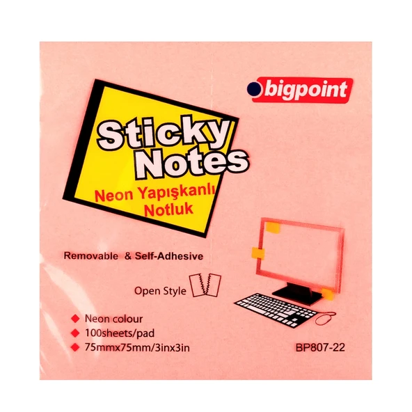 Bigpoint Yapışkanlı Not Kağıdı 75x75mm Neon Pembe x 12 Adet ürün görseli 1
