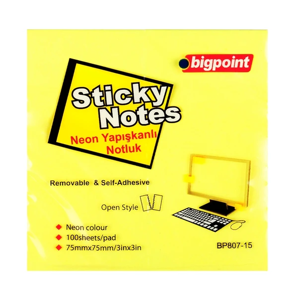 Bigpoint Yapışkanlı Not Kağıdı 75x75mm Neon Sarı x 12 Adet ürün görseli 1
