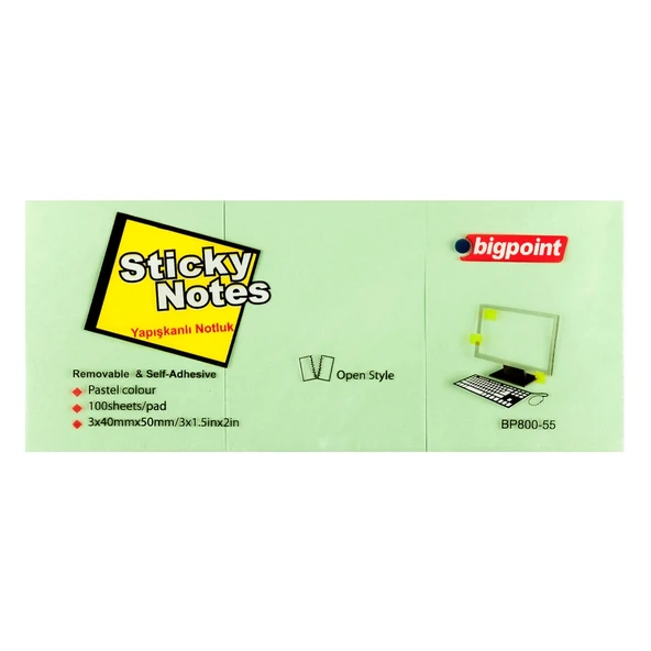 Bigpoint Yapışkanlı Not Kağıdı 3'lü 40x50mm Yeşil x 4 Paket ürün görseli 1