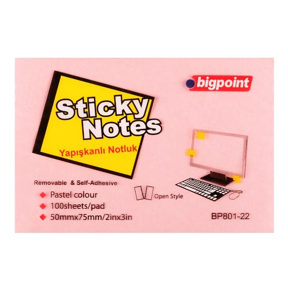 Bigpoint Yapışkanlı Not Kağıdı 75x50mm Pembe x 12 Adet ürün görseli 1