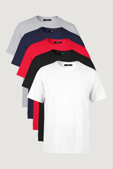 Erkek Çok Renkli %100 Pamuk T- Shirt Regular Fit Rahat Kesim Bisiklet Yaka 5'li Basic Tişört Paketi ürün görseli 1