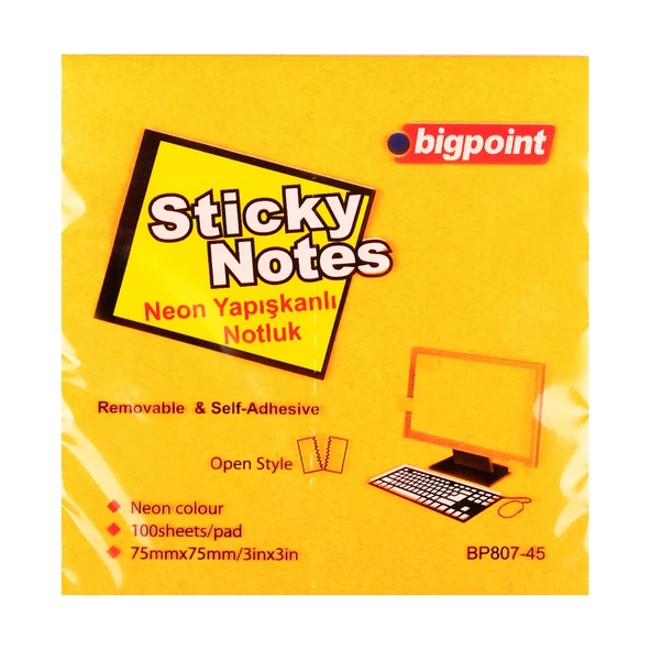 Bigpoint Yapışkanlı Not Kağıdı 75x75mm Neon Turuncu x 12 Adet ürün görseli 1