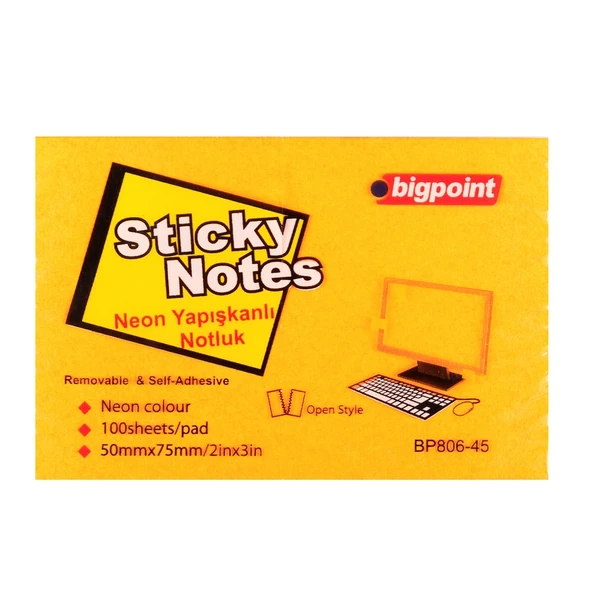 Bigpoint Yapışkanlı Not Kağıdı 75x50mm Neon Turuncu x 12 Adet ürün görseli 1