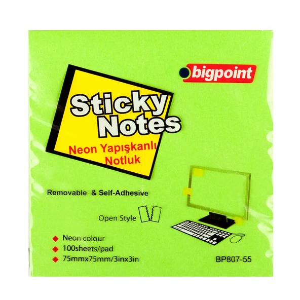 Bigpoint Yapışkanlı Not Kağıdı 75x75mm Neon Yeşil x 12 Adet ürün görseli 1