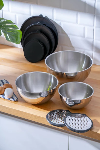 PratikŞef 9 Parça Rendeli Karıştırma ve Saklama Kabı Paslanmaz Çelik Blender Uyumlu (16-20-24 cm) ürün görseli 1