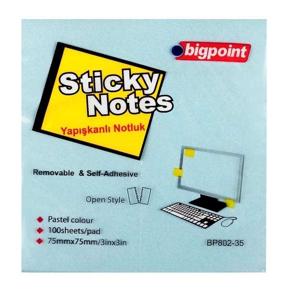 Bigpoint Yapışkanlı Not Kağıdı 75x75mm Mavi x 12 Adet ürün görseli 1