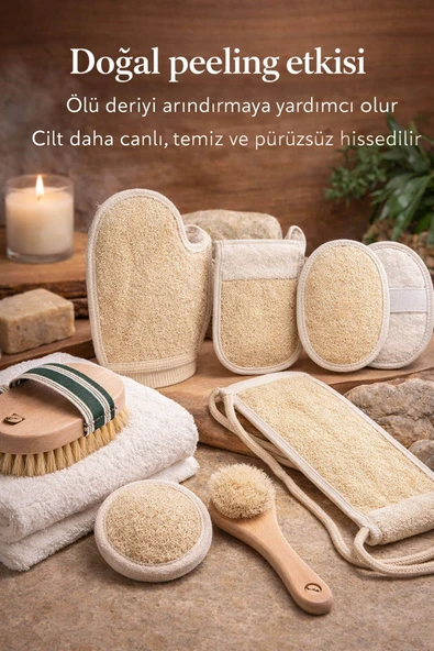 8 Parça Doğal Bakım Full Set - At Kılı Vücut & Yüz Fırçası + 6 Farklı Kabak Lifi Kese Spa Paketi ürün görseli 1
