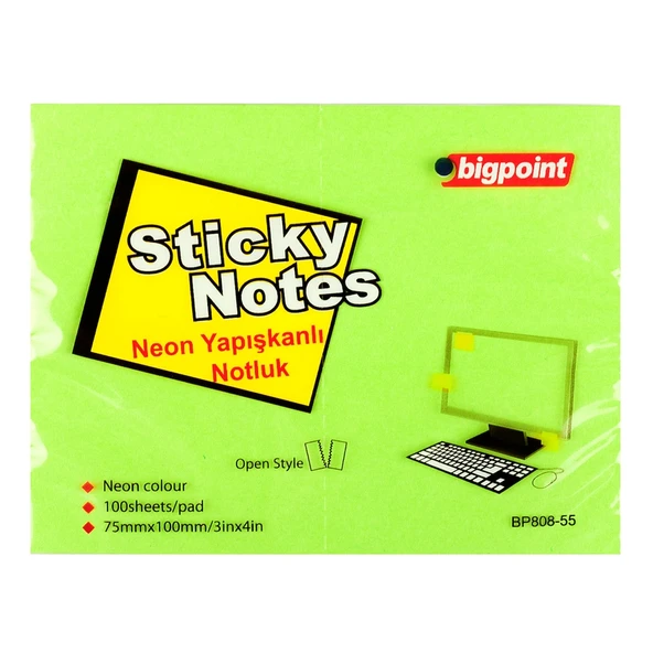 Bigpoint Yapışkanlı Not Kağıdı 75x100mm Neon Yeşil x 12 Adet ürün görseli 1