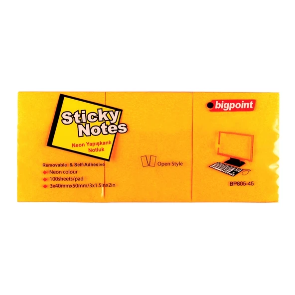 Bigpoint Yapışkanlı Not Kağıdı 3'lü 40x50mm Neon Turuncu x 4 Paket ürün görseli 1