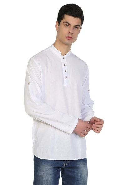 Uzun Kol Şantuklu Pamuk Bodrum Erkek Yazlık Tshirt Beyaz 9001 ürün görseli 1