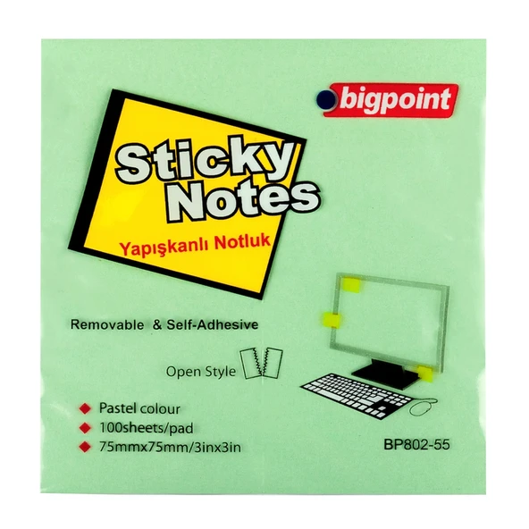 Bigpoint Yapışkanlı Not Kağıdı 75x75mm Yeşil x 12 Adet ürün görseli 1