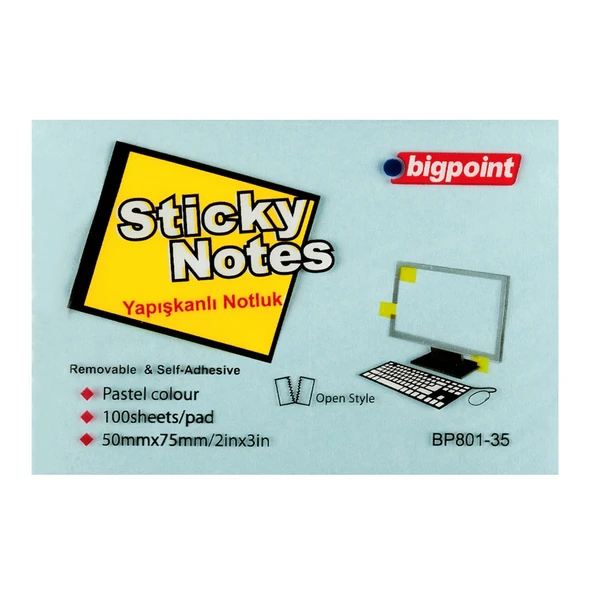 Bigpoint Yapışkanlı Not Kağıdı 75x50mm Mavi x 12 Adet ürün görseli 1
