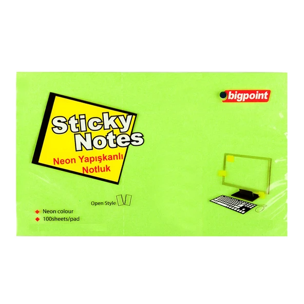 Bigpoint Yapışkanlı Not Kağıdı 75x125mm Neon Yeşil x 12 Adet ürün görseli 1