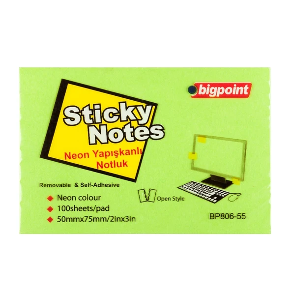 Bigpoint Yapışkanlı Not Kağıdı 75x50mm Neon Yeşil x 12 Adet ürün görseli 1