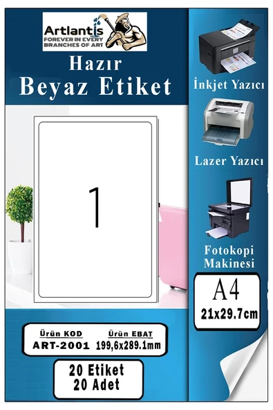 A4 Hazır Etiket 199.6x289.1 mm 20 Sayfa 1 Paket Kendinden Yapışkanlı Fotokopi Lazer İnkjet Kağıdı Yazıcılar İçin Uyumlu ürün görseli 1