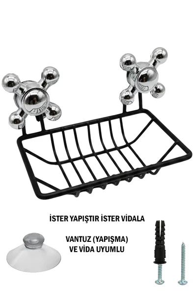 Vidalı ve Vantuzlu Siyah Renk Sabunluk Şampuanlık Mutfak Banyo Lavabo İçin Uygundur ürün görseli 1