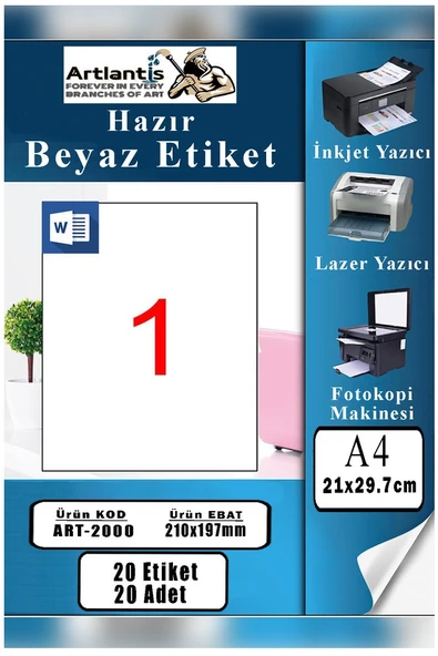 A4 Hazır Etiket 210x297 mm 20 Sayfa 1 Paket Kendinden Yapışkanlı Fotokopi Lazer İnkjet Kağıdı Yazıcılar İçin Uyumlu ürün görseli 1