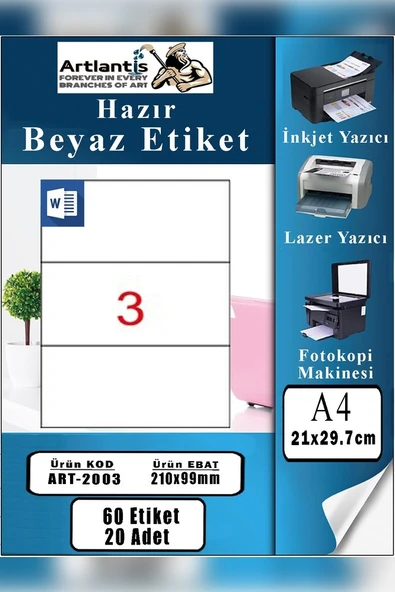 A4 3 lü Hazır Etiket 210x99 mm 20 Sayfa 1 Paket Kendinden Yapışkanlı Fotokopi Lazer İnkjet Kağıdı Yazıcılar İçin Uyumlu ürün görseli 1