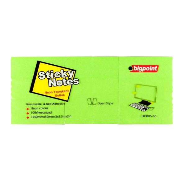 Bigpoint Yapışkanlı Not Kağıdı 3'lü 40x50mm Neon Yeşil x 4 Paket ürün görseli 1