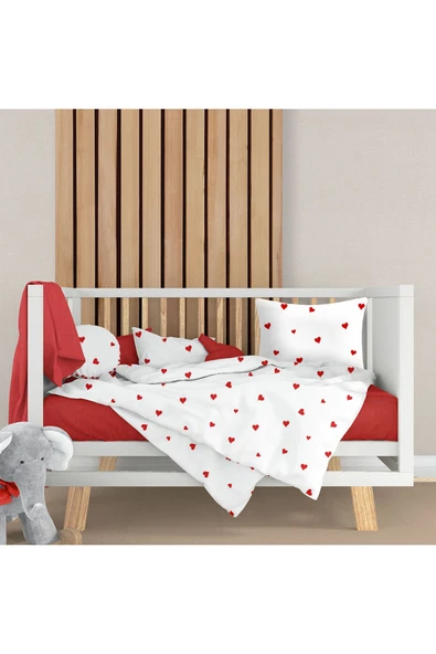 Lüks Ranforce Kumaşından Kırmızı Kalpli Bebek Nevresim Takımı - 100X150 ürün görseli 1