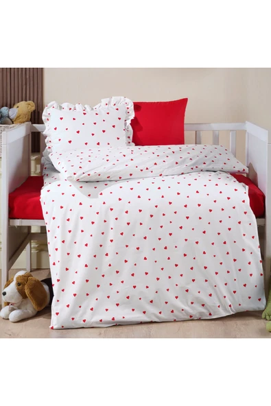 Lüks Ranforce Kumaşından Fırfırlı Kırmızı Kalpli Bebek Nevresim Takımı - 100X150 ürün görseli 1