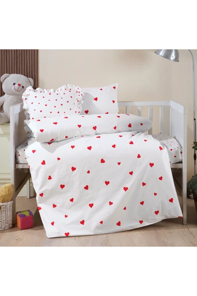 Lüks Ranforce Kumaşından Fırfırlı Kırmızı Kalpli Bebek Nevresim Takımı - 100X150 ürün görseli 1