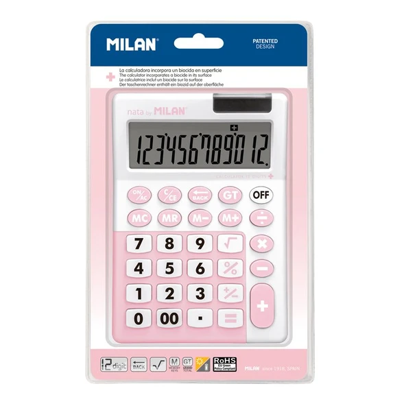 MILAN 151812IBGPBL ANTİBAKTERİYEL PEMBE 12 HANELİ HESAP MAKİNASI ürün görseli 1