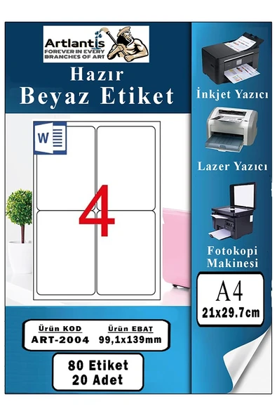 A4 4 lü Hazır Etiket 99.1x139 mm 20 Sayfa 1 Paket Kendinden Yapışkanlı Fotokopi Lazer İnkjet Kağıdı Yazıcılar İçin Uyum ürün görseli 1