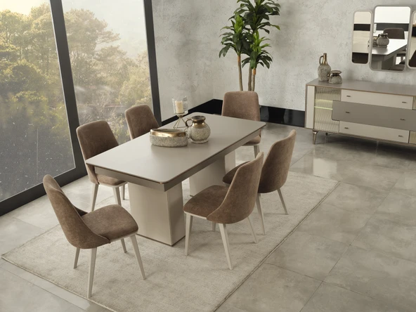 Dienni Truva Modern Açılabilir Yemek Masası - 160-200 cm Genişleyebilir Salon Masası Sandalyesi - 6-8 Kişilik Fonksiyonel Mutfak ve Yemek Masası Sandalye Dahil ürün görseli 1