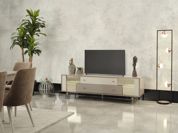 Dienni Truva Modern Tasarım TV Ünitesi - 180 cm Genişlik - 2 Çekmeceli ve Bölmeli Medya Konsolu - Salon ve Oturma Odası TV Sehpası ürün görseli 1